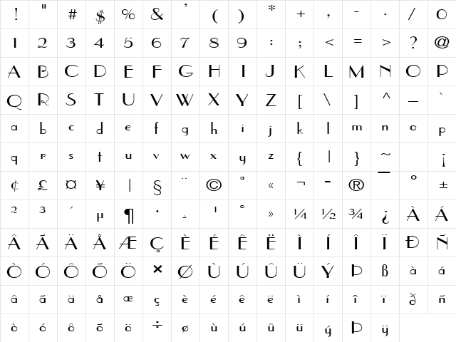 Parisien Wide Normal  glyph index