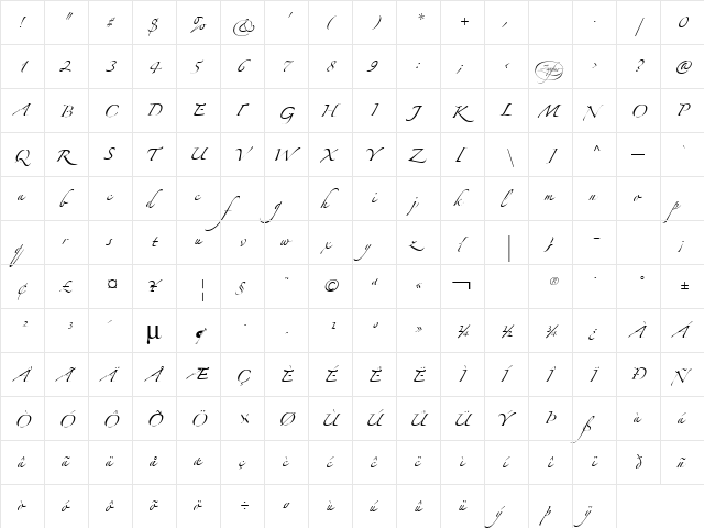 Zapfino Linotype One Regular  glyph index