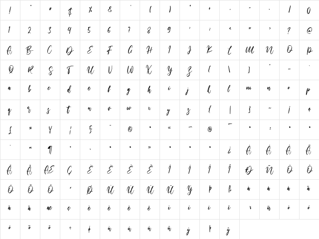 Walentiny Regular  glyph index