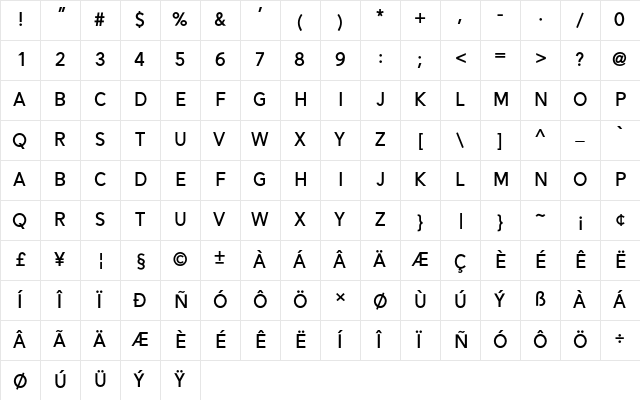 Alesand Bold  glyph index