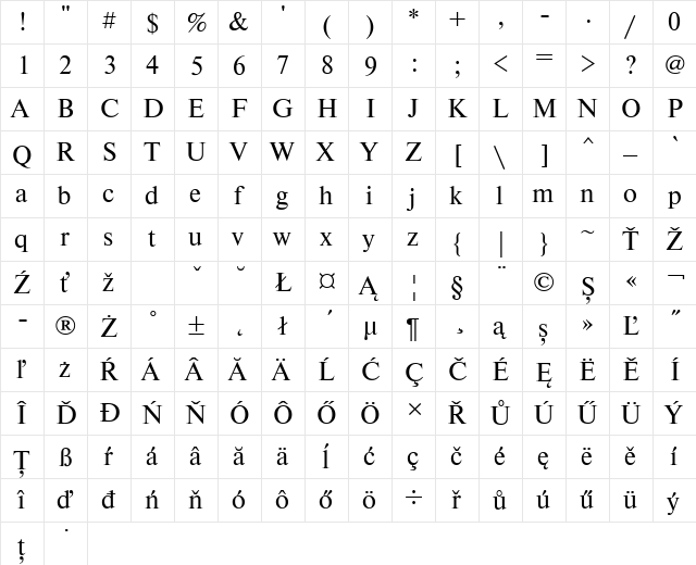 NewtonETT Regular  glyph index