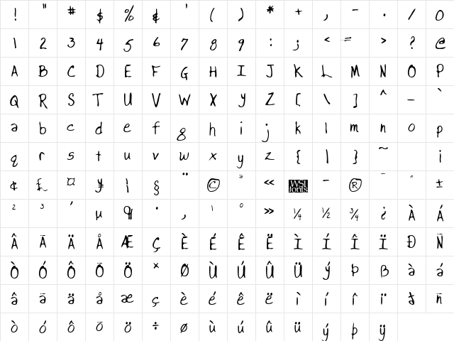 BrooksHand Regular  glyph index