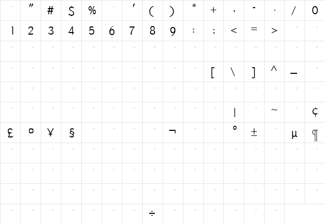 DundeeLightTab Regular  glyph index