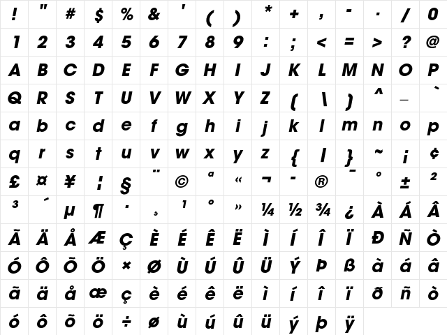 ITC Avant Garde Gothic Bold Oblique  glyph index