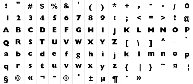 GillSansExtraBoldC Regular  glyph index