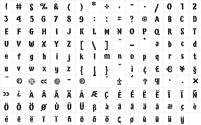 Zkumavka Regular  glyph index