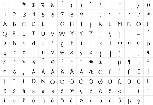 Gilligan Bold  glyph index