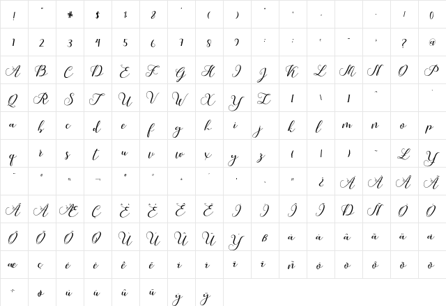 Callme Script Regular  glyph index