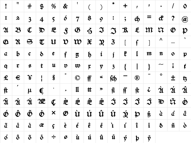 Alte Schwabacher OSF DemiBold  glyph index