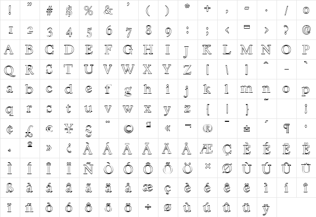 WilliamBeckerOutline-Light Regular  glyph index