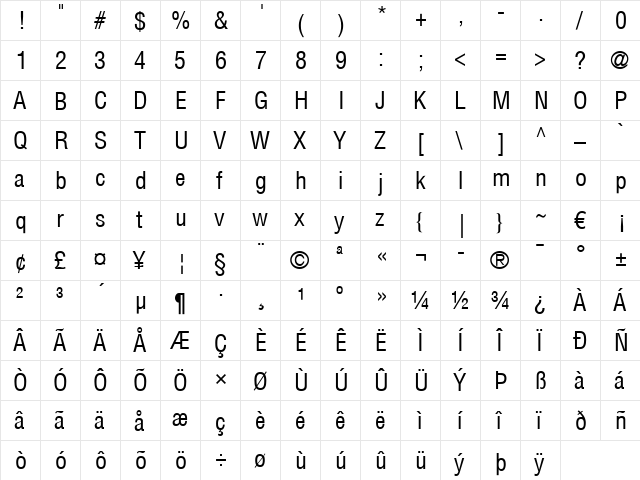 Helvetica LT Condensed Regular  glyph index