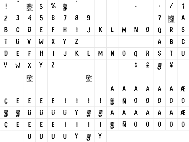 Barna Break Regular  glyph index