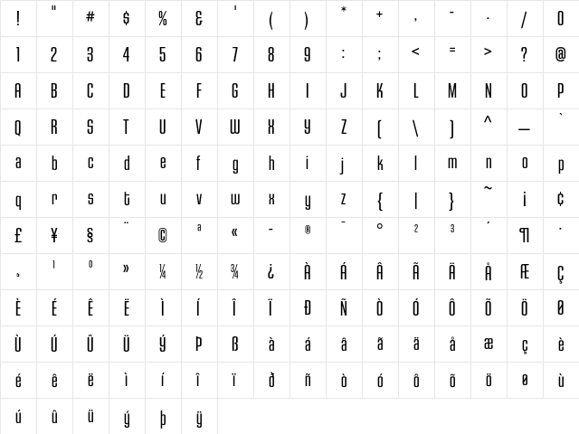 HouseGothicHG23Cond LIGHT1  glyph index