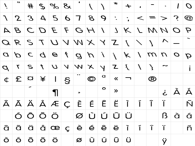 Vogue-Normal Ex Left Regular  glyph index