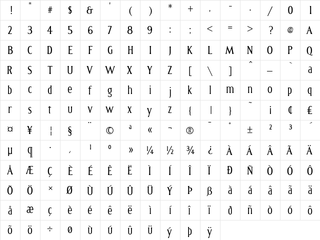 Pilgrim Regular  glyph index