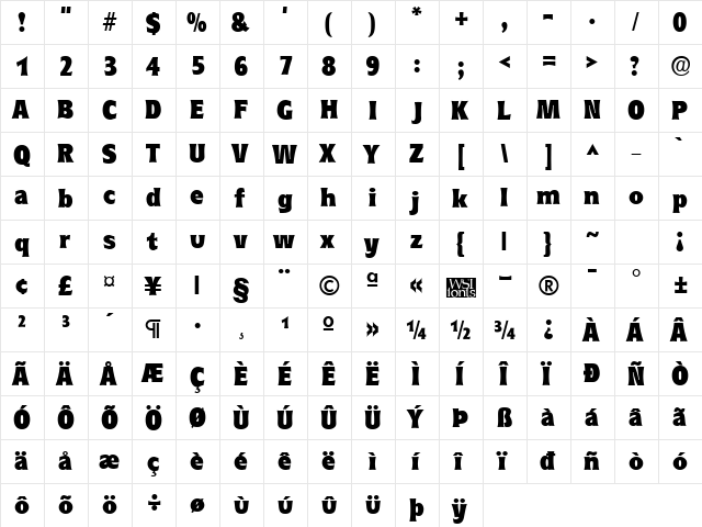 RyndersBlack Regular  glyph index