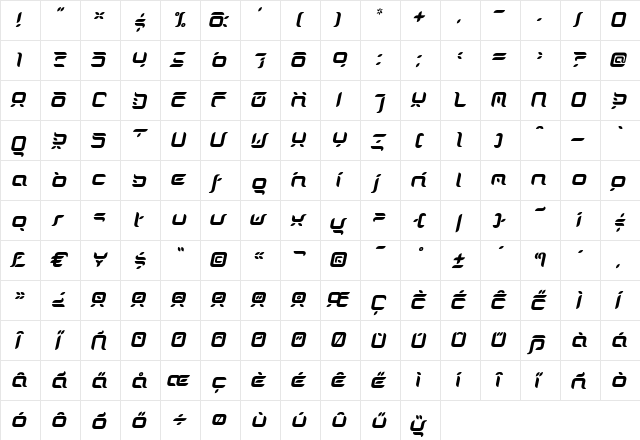 DorisOrange Italic  glyph index