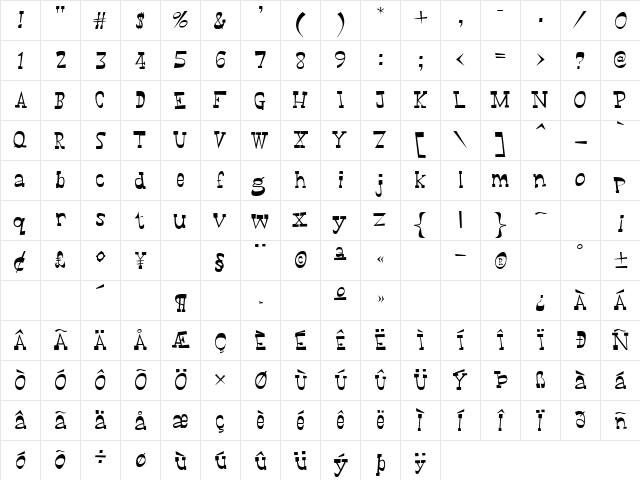 WayOutWest Regular  glyph index