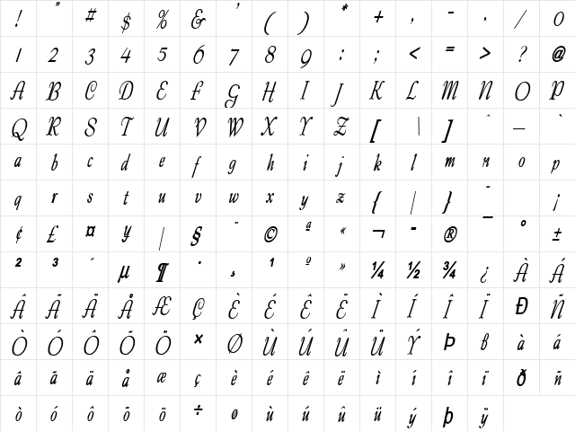 Tango Condensed BoldItalic  glyph index