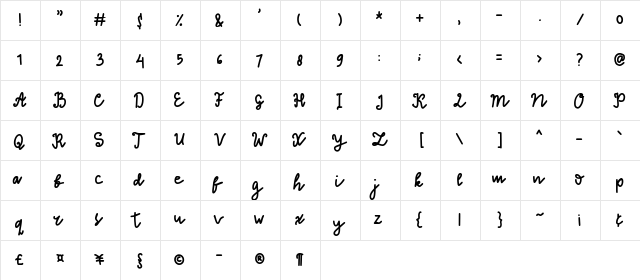 Thinna Bell Regular  glyph index