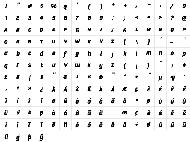 KautivaUni Black Italic  glyph index