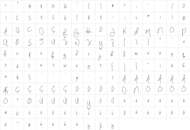 Jennifer Lynne Regular  glyph index