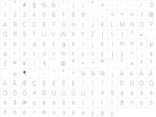 LinotypeUnivers BasicUltraLight  glyph index
