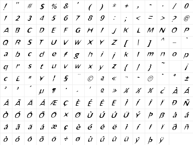 OmahaThin Italic Regular  glyph index