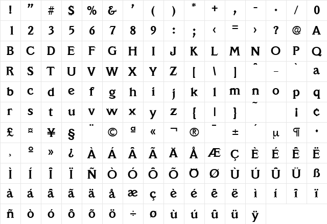 Veracruz-Serial Bold  glyph index