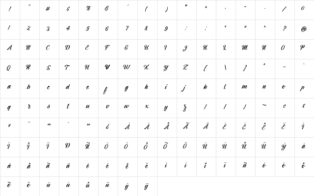 Montagne Script Free Demo Regular  glyph index