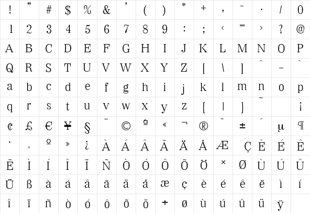 WichitaSerial-Light Regular  glyph index