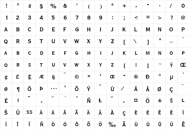 Copperplate-ThirtyBC Regular  glyph index