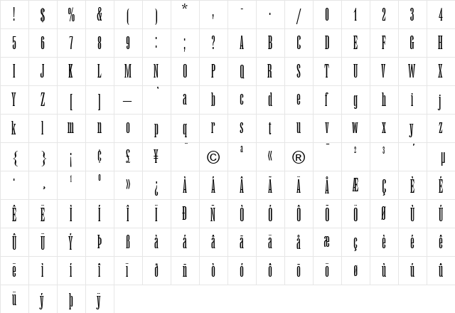 RunicMT-Condensed Roman  glyph index
