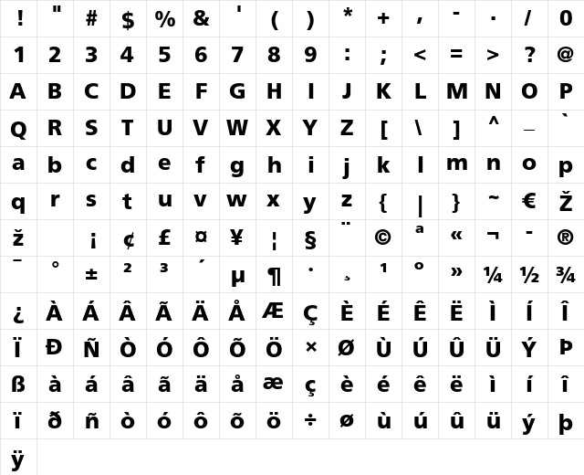 Frutiger LT 55 Roman Bold  glyph index