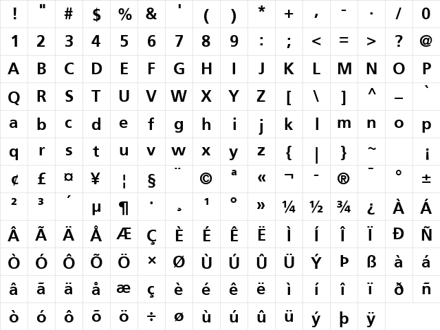 Frutiger LT Std 65 Bold  glyph index