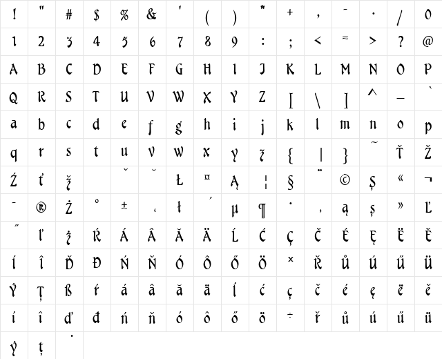 TarragonDEE Regular  glyph index