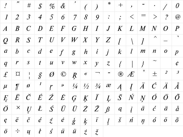 NewtonBTT Italic  glyph index