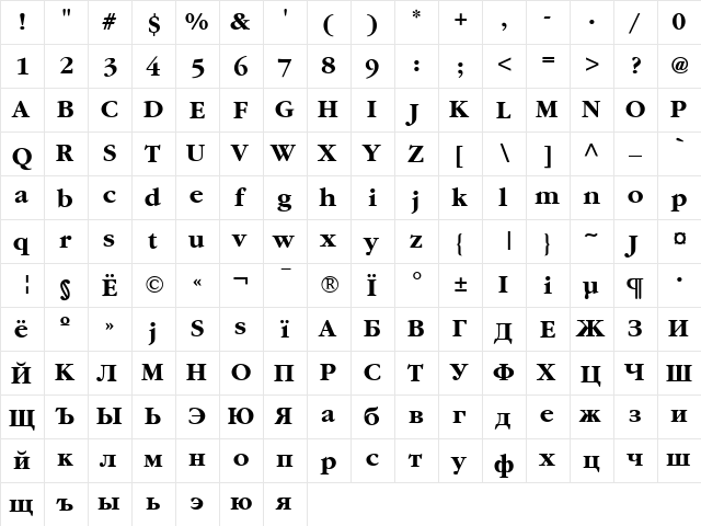 AGGaramondCyr Bold  glyph index