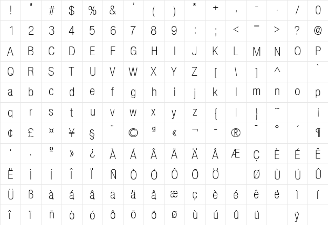 SansCondLH Regular  glyph index