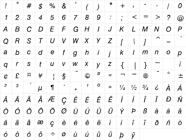 Hailsten Italic  glyph index