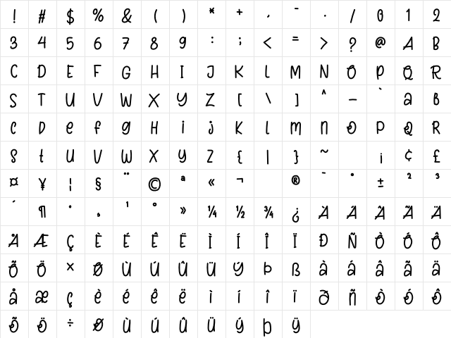 Brown Sugar Regular  glyph index