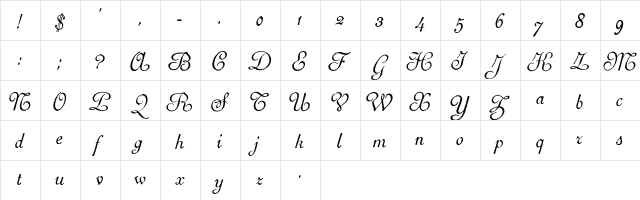 Archive French Script Regular  glyph index