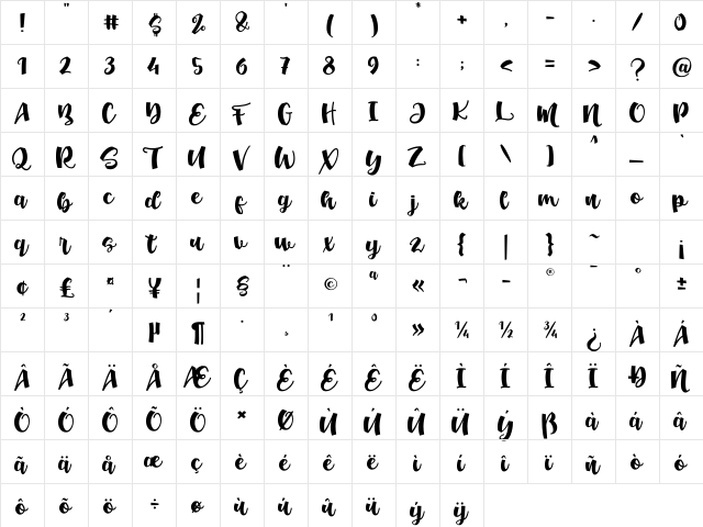 Loveena Regular  glyph index