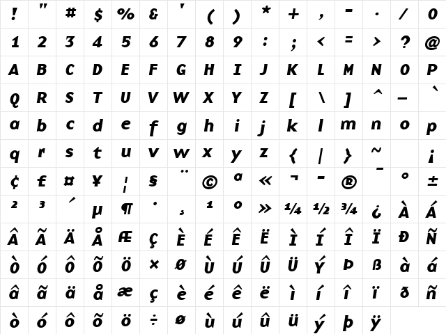 BaseNine Bold Italic  glyph index