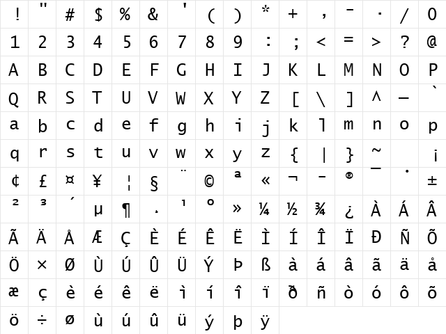Tangerine 1 Regular  glyph index