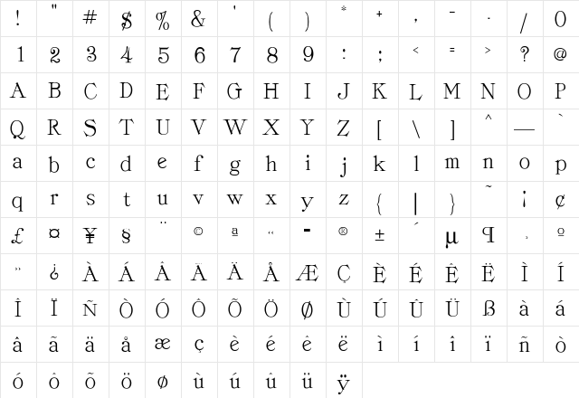 ProvLite Regular  glyph index