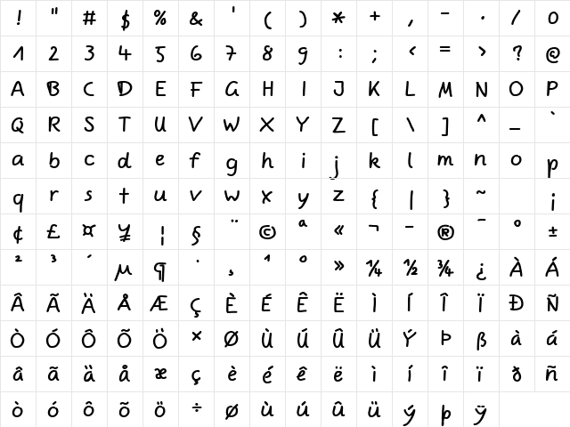 Comic Jens Free Pro Regular  glyph index