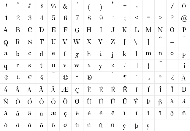 CavettoRomanJF Regular  glyph index