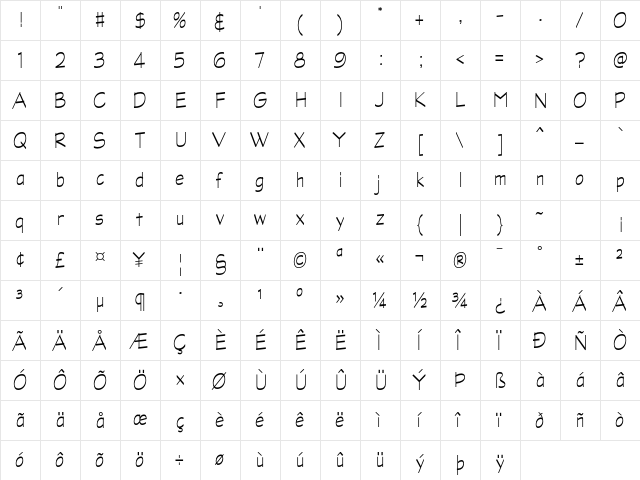Graphite AT Condensed Light Regular  glyph index