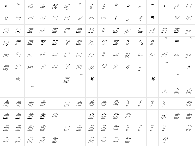 ZipSonikSketchItalic Regular  glyph index